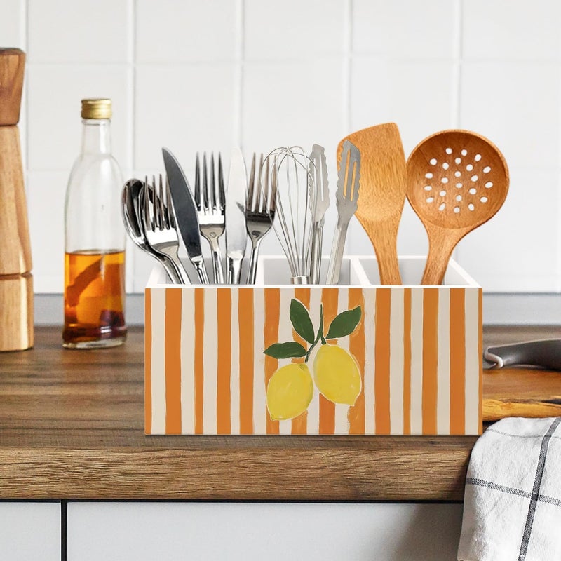 KBRCT Vintage Yellow Lemon Wooden Utensils Holder, Lemon Kitchen Decor, Farmhouse Fruit Orange Striped Wood Cooking Utensil Holder Organizer for Kitchen Countertop Counter Decor - Image 5
